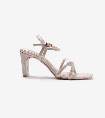 Snake Print Strappy Heeled Sandals - Stone