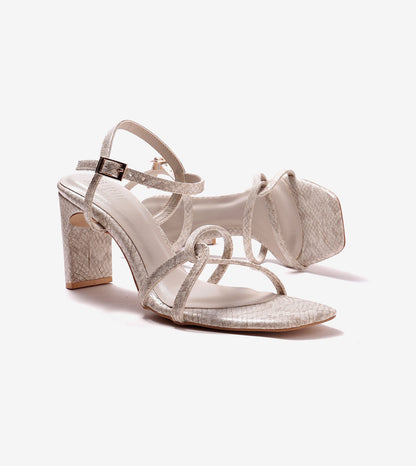 Snake Print Strappy Heeled Sandals - Stone