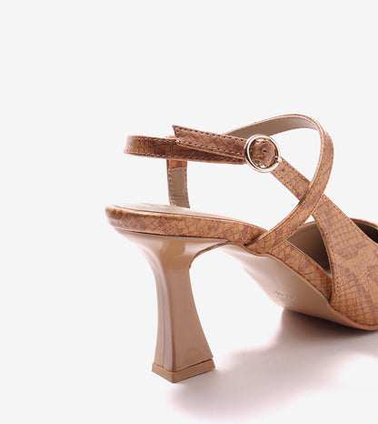 Snake Print Pointed Toe Slingback Pumps - Tan