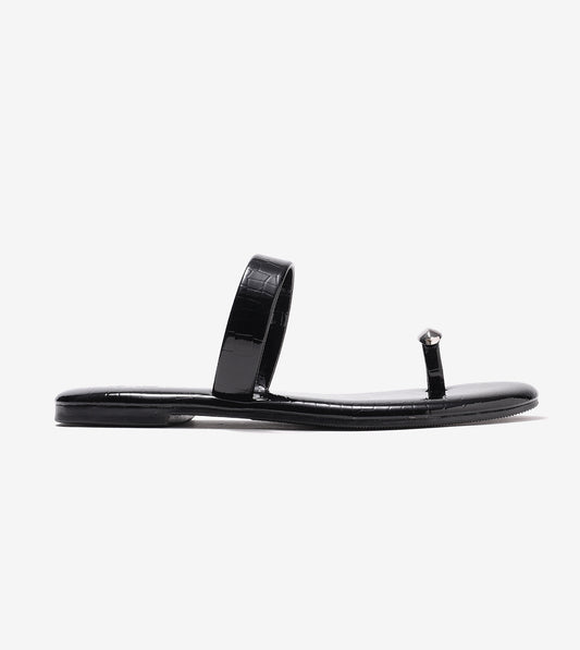 Patent Flat Sandals With Metallic Embellishment - Black