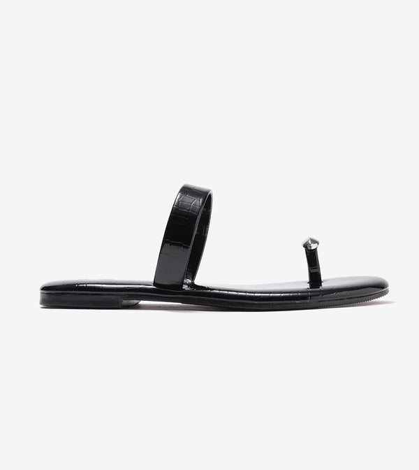 Patent Flat Sandals With Metallic Embellishment - Black