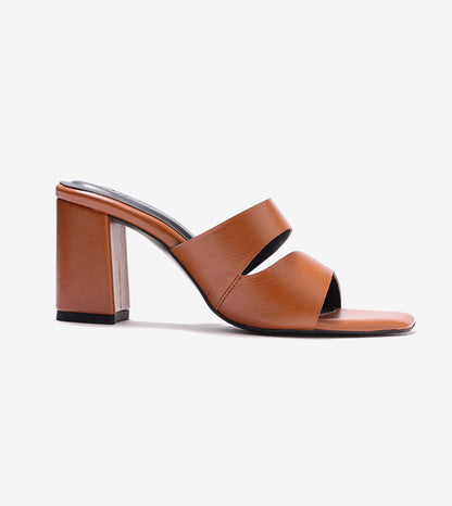 Asymmetric Cutout Block Heeled Slide Sandals - Tan
