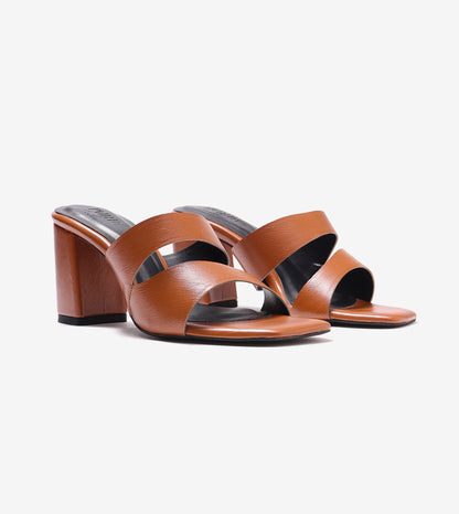 Asymmetric Cutout Block Heeled Slide Sandals - Tan