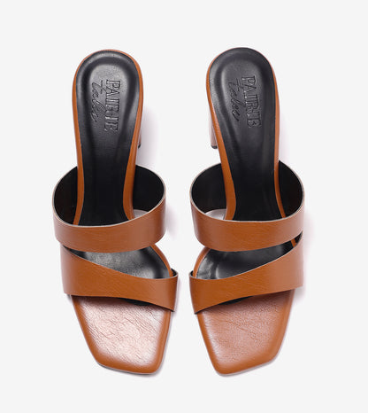 Asymmetric Cutout Block Heeled Slide Sandals - Tan
