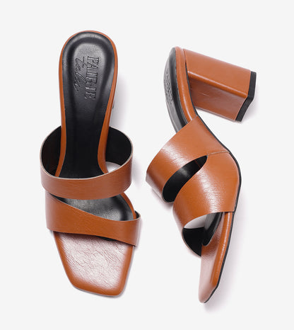 Asymmetric Cutout Block Heeled Slide Sandals - Tan
