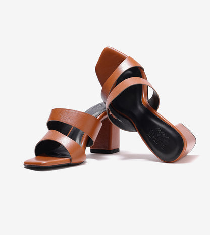 Asymmetric Cutout Block Heeled Slide Sandals - Tan