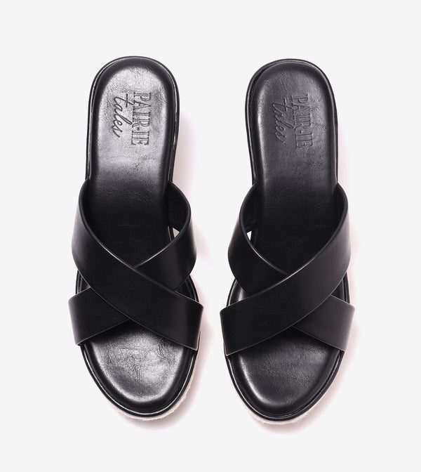 Cross Strap Metal Embellished Espadrille Wedges - Black
