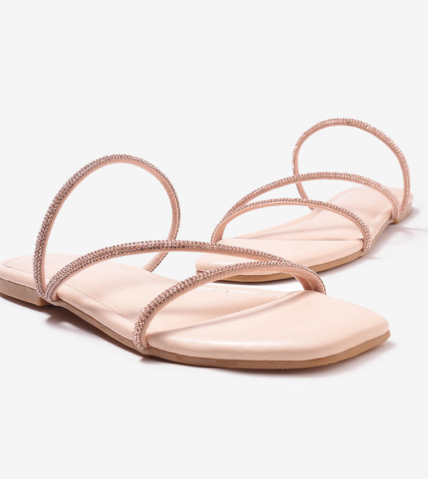 Rhinestone Strappy Sandals - Rose Gold