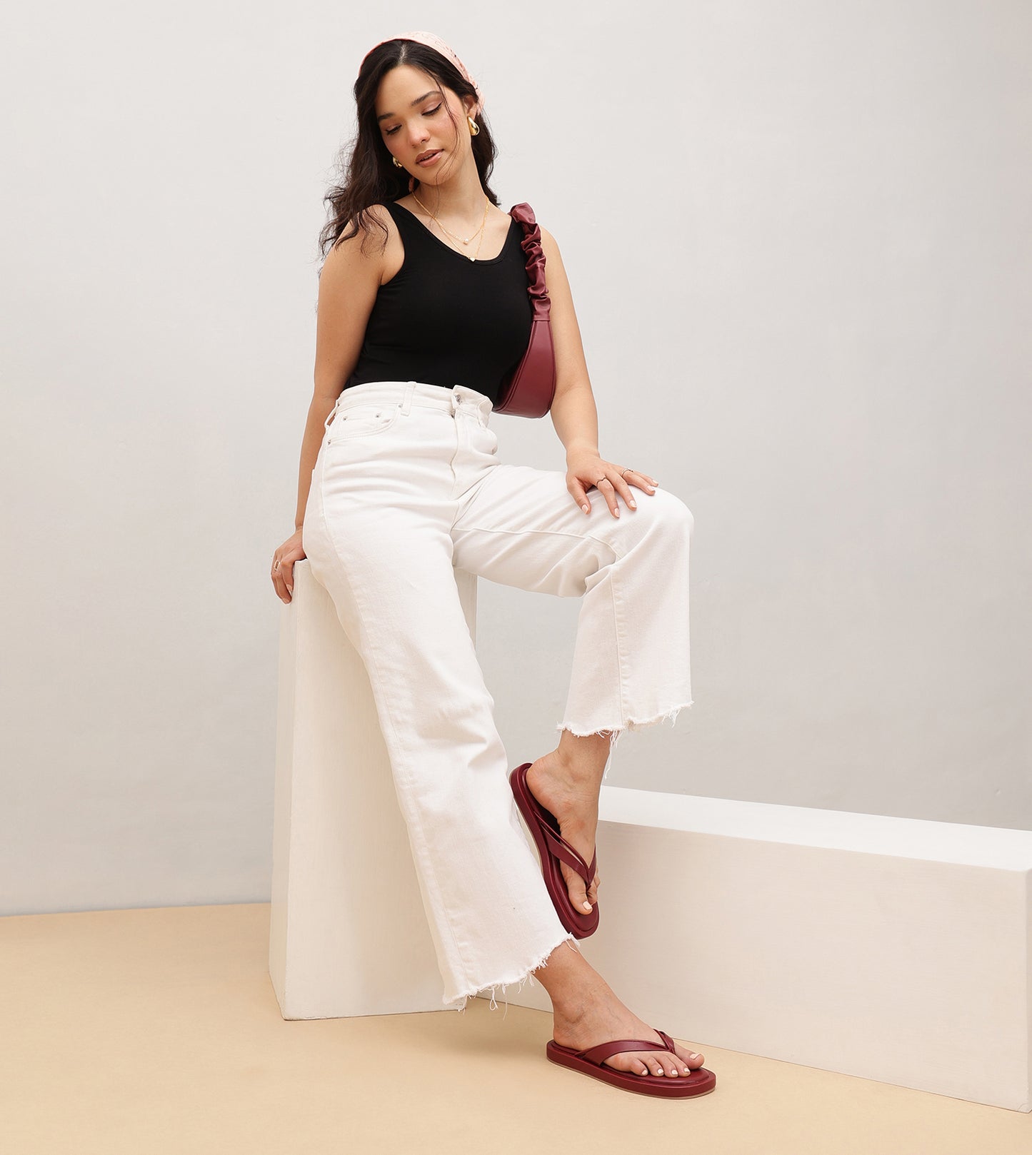 V-Strap Slide Flat Sandals - Maroon