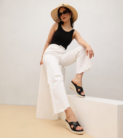 Cross Strap Metal Embellished Espadrille Wedges - Black