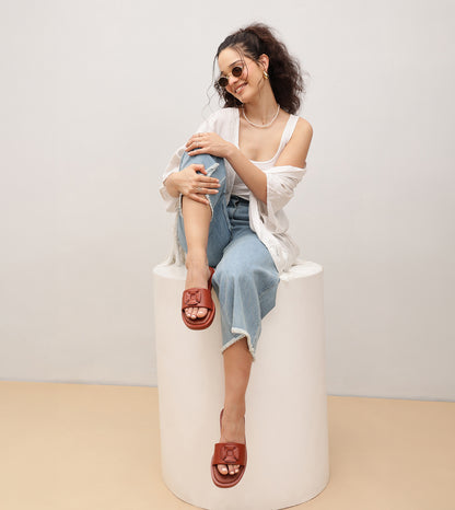 Flower Cutout Slide Sandals - Tan