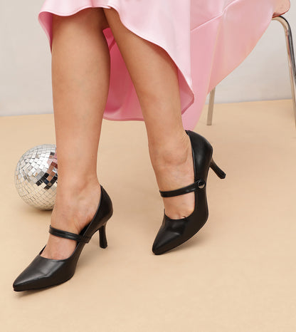 Pointed Toe Mary Jane Pumps - Black