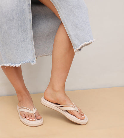 V-Strap Slide Flat Sandals - Cream