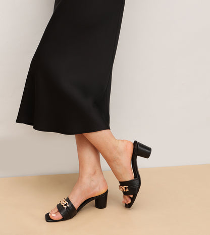 Chain Link Heeled Mules - Black