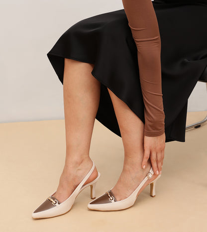Chain-Embellished Slingback Pumps - Cream