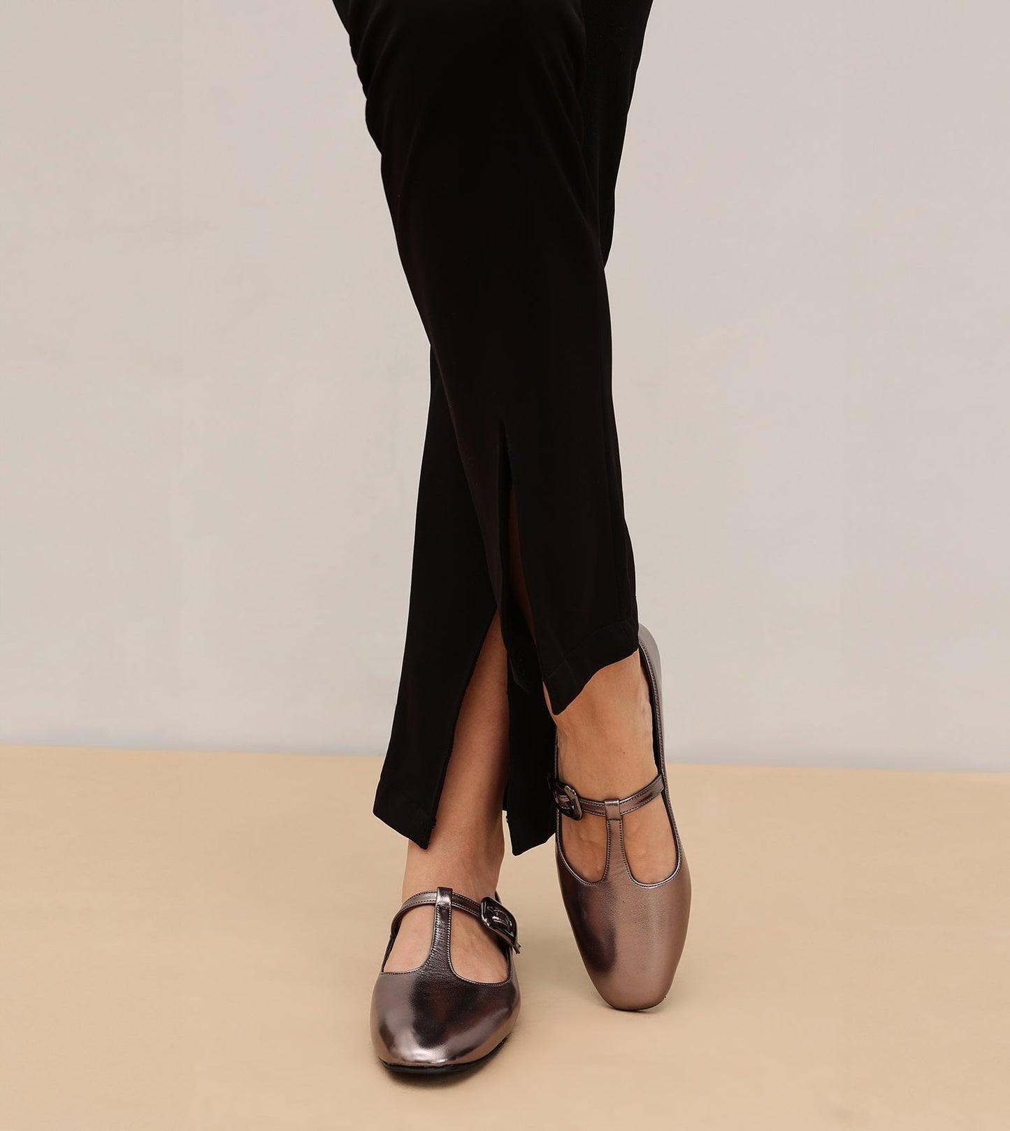 T-Strap Metallic Mary Janes Flats - Gunmetal