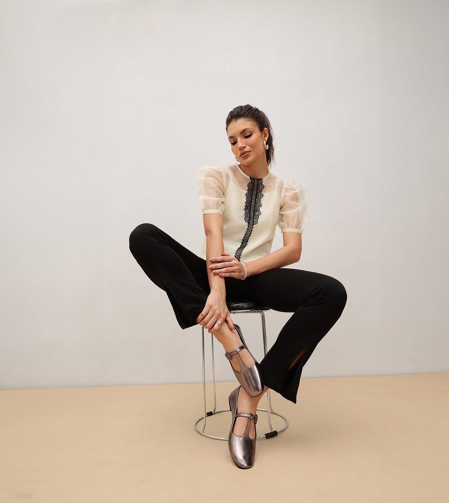 T-Strap Metallic Mary Janes Flats - Gunmetal