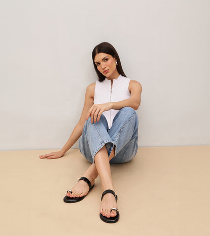 Patent Flat Sandals With Metallic Embellishment - Black