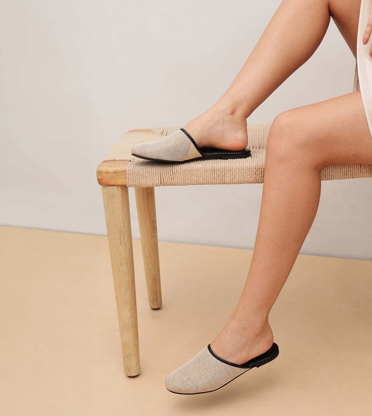 Textured Jute Almond-Toe Mules Flats - Beige