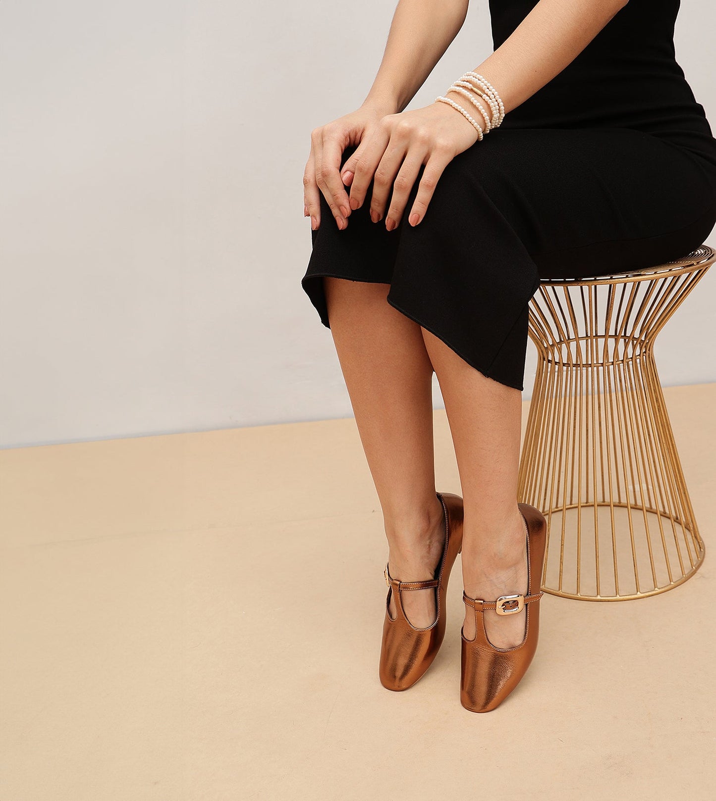 T-Strap Metallic Mary Janes Flats - Antiq
