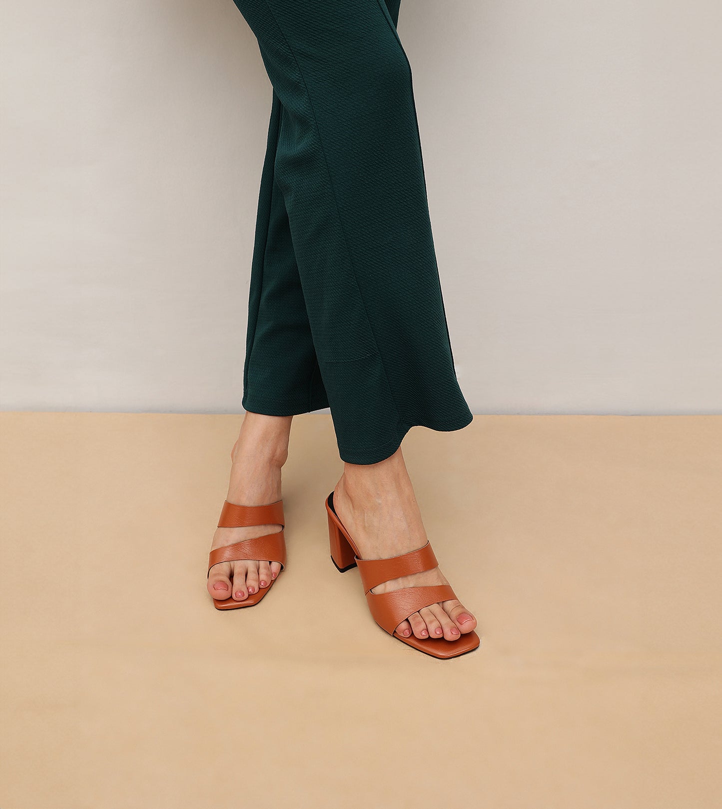 Asymmetric Cutout Block Heeled Slide Sandals - Tan