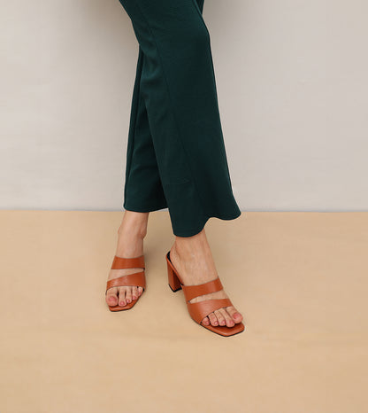 Asymmetric Cutout Block Heeled Slide Sandals - Tan