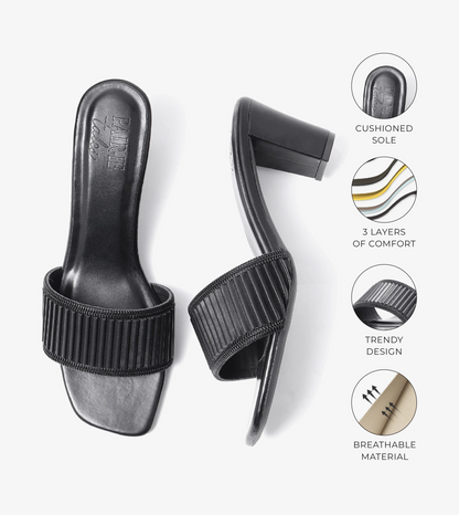 Pleated Strap Block Heel Slides - Black