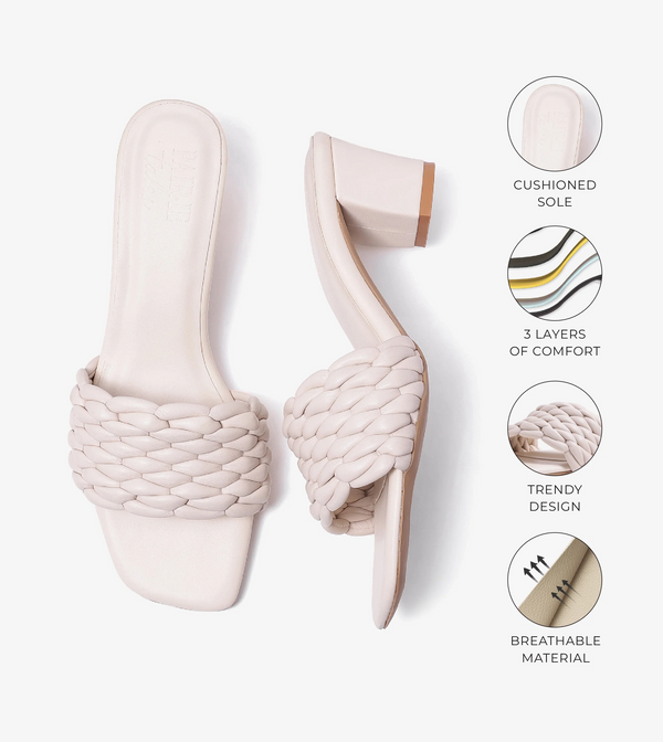 Braided Statement Block-Heel Mules - Beige