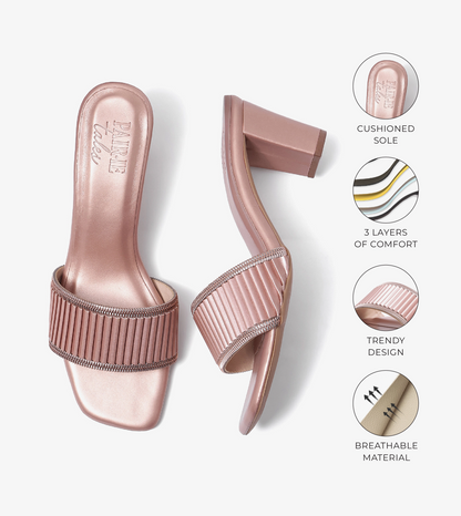 Pleated Strap Block Heel Slides - Rose Gold