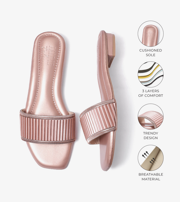 Elegant Pleated Edge Slide Flats - Rose Gold