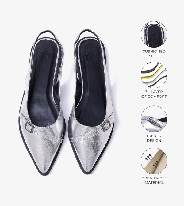 Pointed-Toe Buckle Slingback - Silver