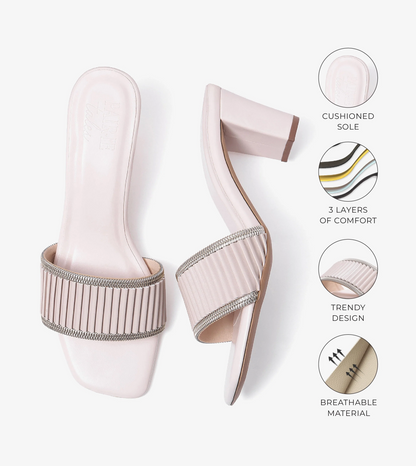 Pleated Strap Block Heel Slides - Beige