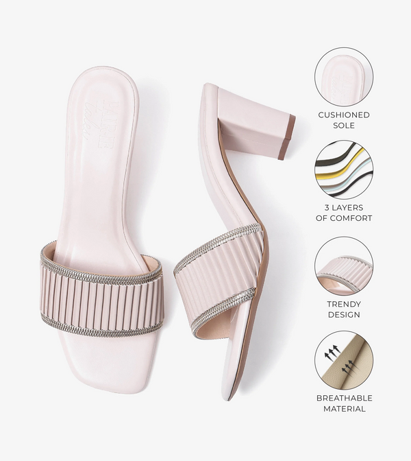 Pleated Strap Block Heel Slides - Beige