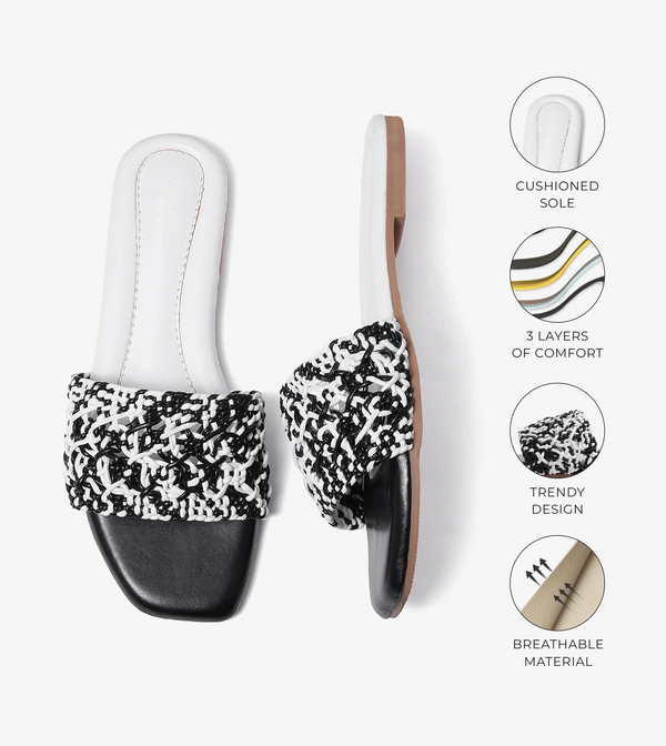 Textured Strap Slides Flat Sandal - Black