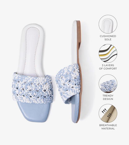 Textured Strap Slides Flat Sandal - Sky Blue