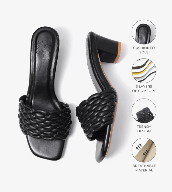 Braided Statement Block-Heel Mules - Black