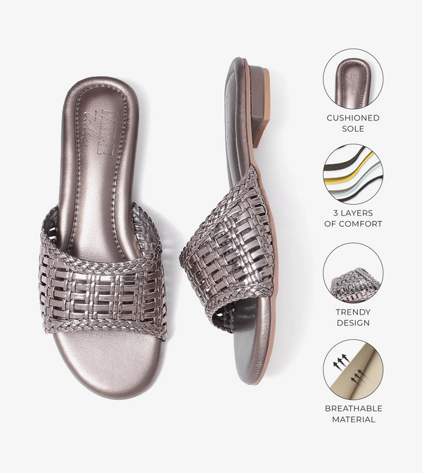 Weaved Strap Slide Flats - Gunmetal