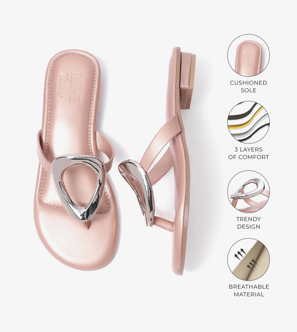 Metallic Accent T-Strap Flats Sandal - Peach