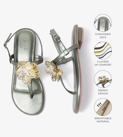 Floral Flats Sandal - Metallic Green