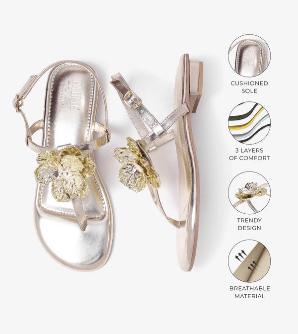 Floral Flats Sandal - Gold