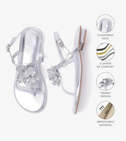 Floral Flats Sandal - Silver