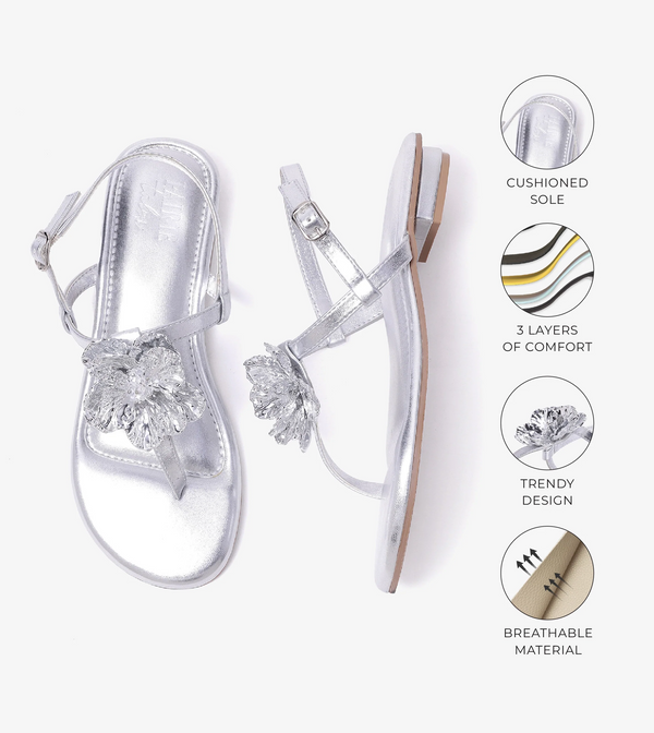 Floral Flats Sandal - Silver