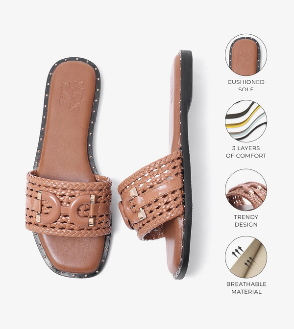 Woven Buckle Detail Slide Flats -Tan