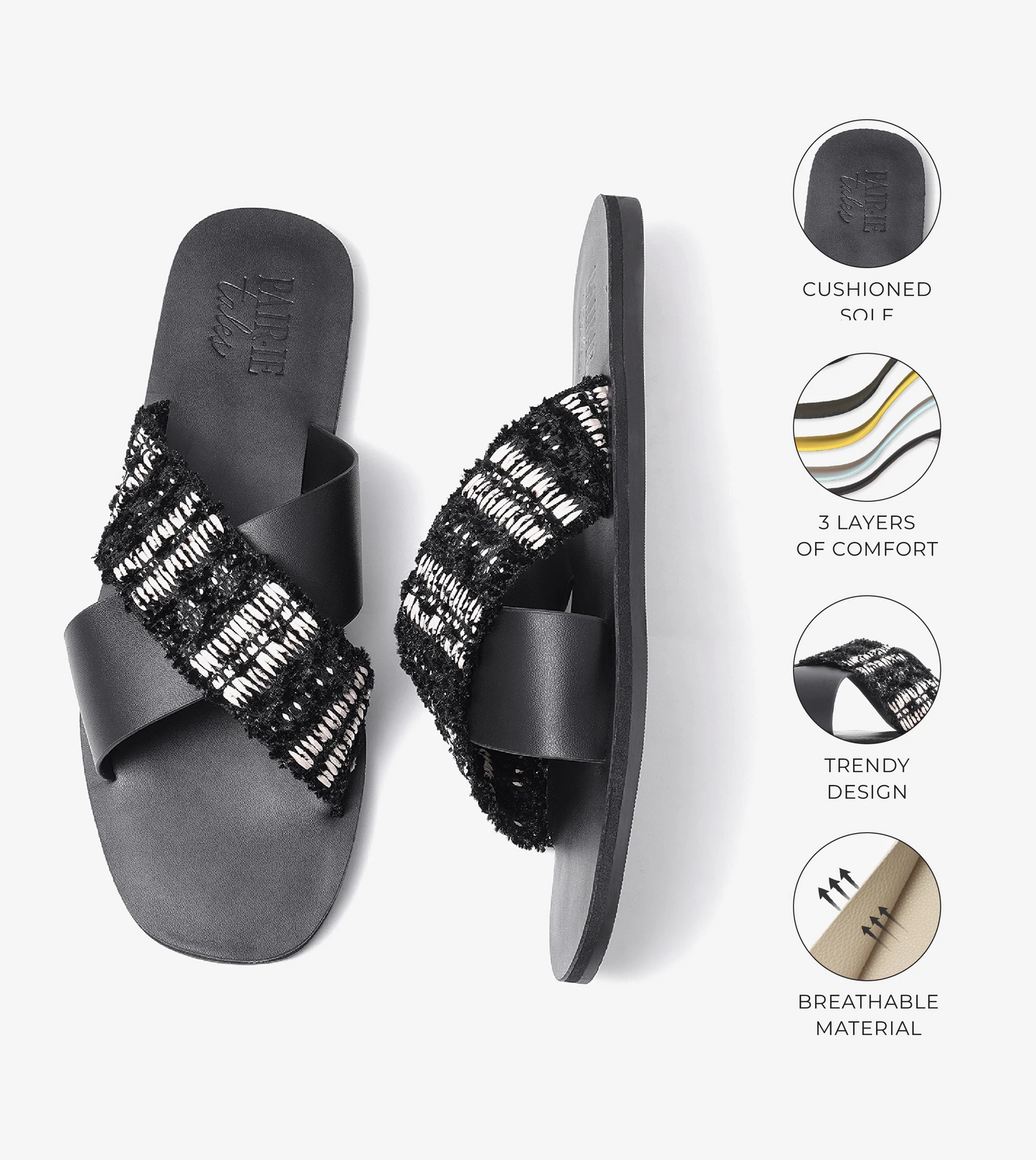 Textured Cross-Strap Flats Slides - Black