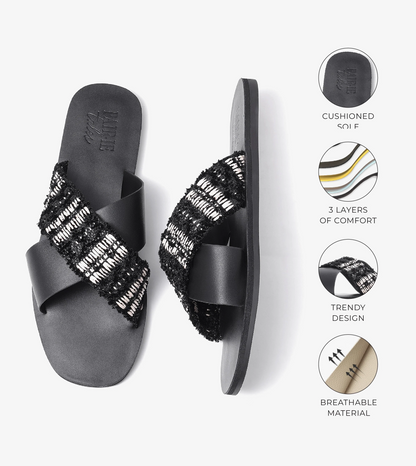 Textured Cross-Strap Flats Slides - Black