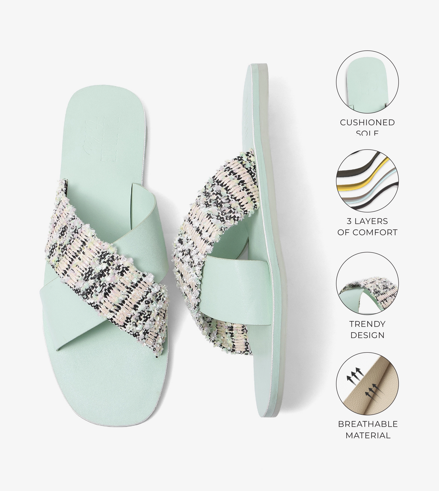 Textured Cross-Strap Flats Slides - Light Green
