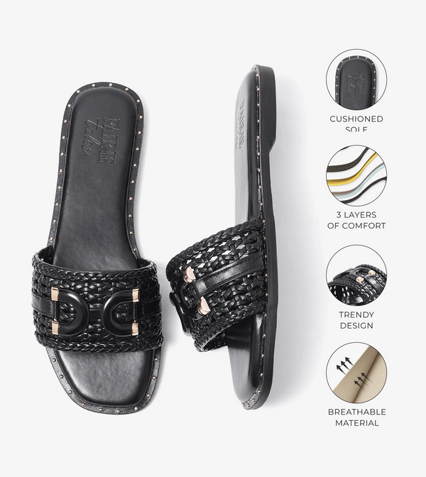 Woven Buckle Detail Slide Flats - Black