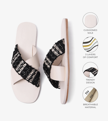Textured Cross-Strap Flats Slides - Beige