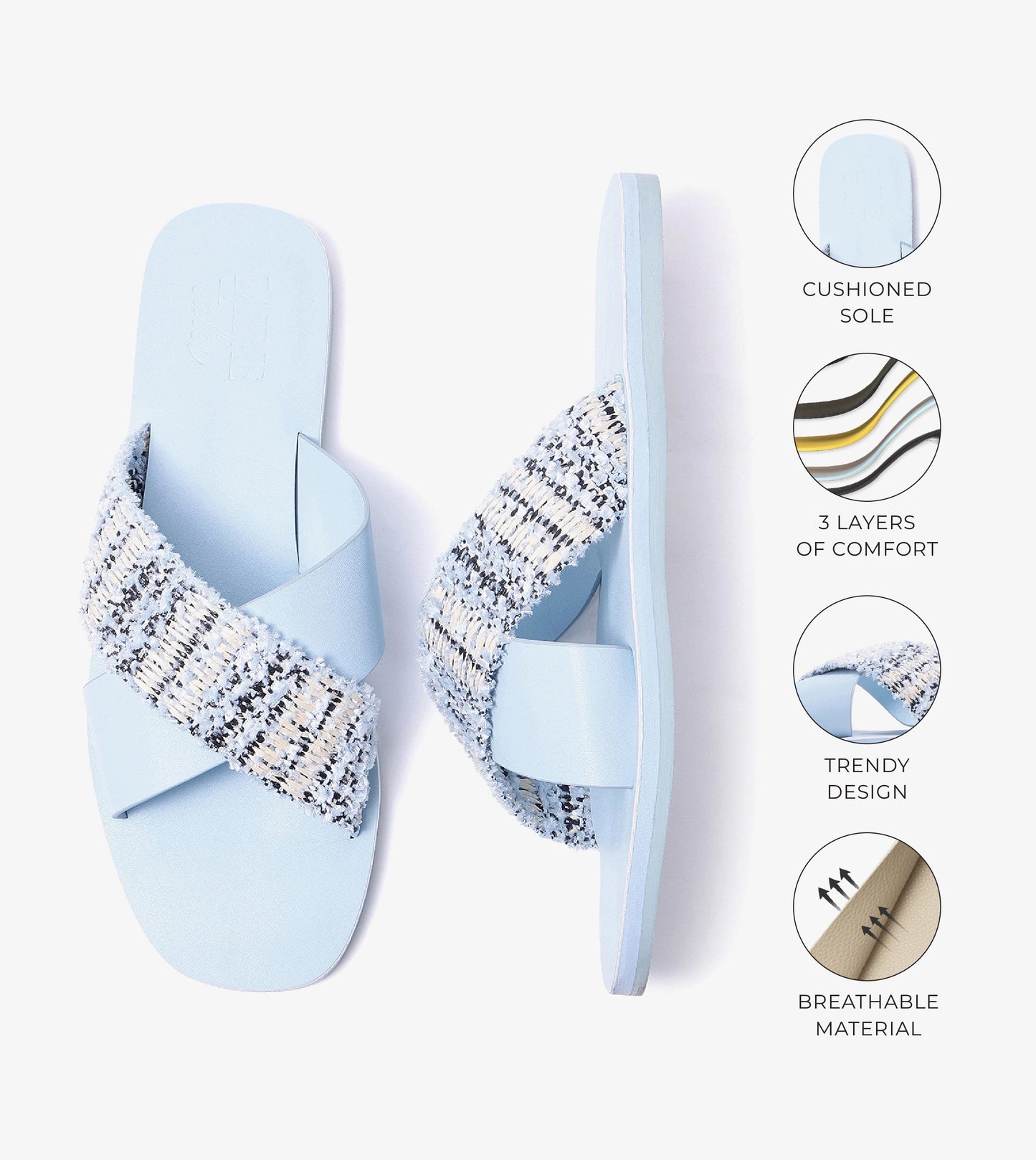 Textured Cross-Strap Flats Slides - Sky Blue