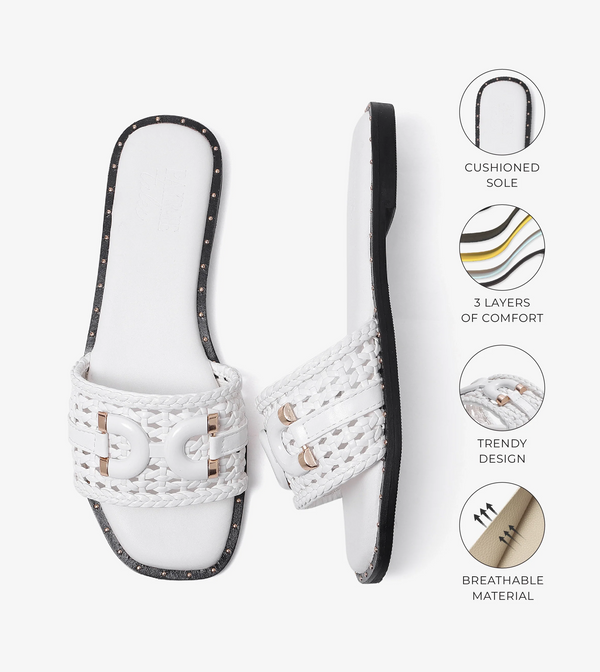 Woven Buckle Detail Slide Flats - White